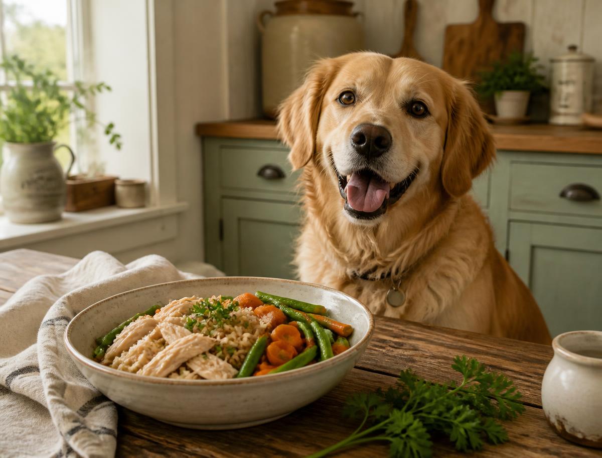 A happy dog beside a bowl of freshly cooked chicken, rice and vegetables